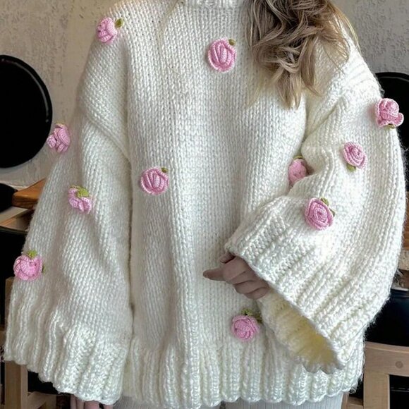 Casual Women's Loose Lovely Knit Long Sleeve Sweater detailed with roses design - Picture 5 of 10